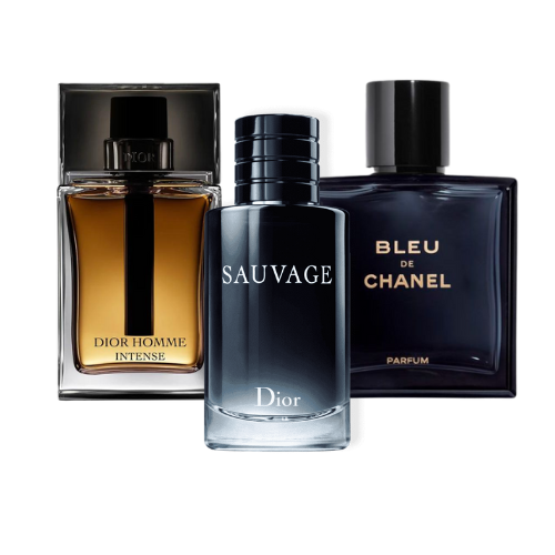 Set van 3 parfums Sauvage Dior, Bleu de Chanel, en Dior Homme Intense 100ml