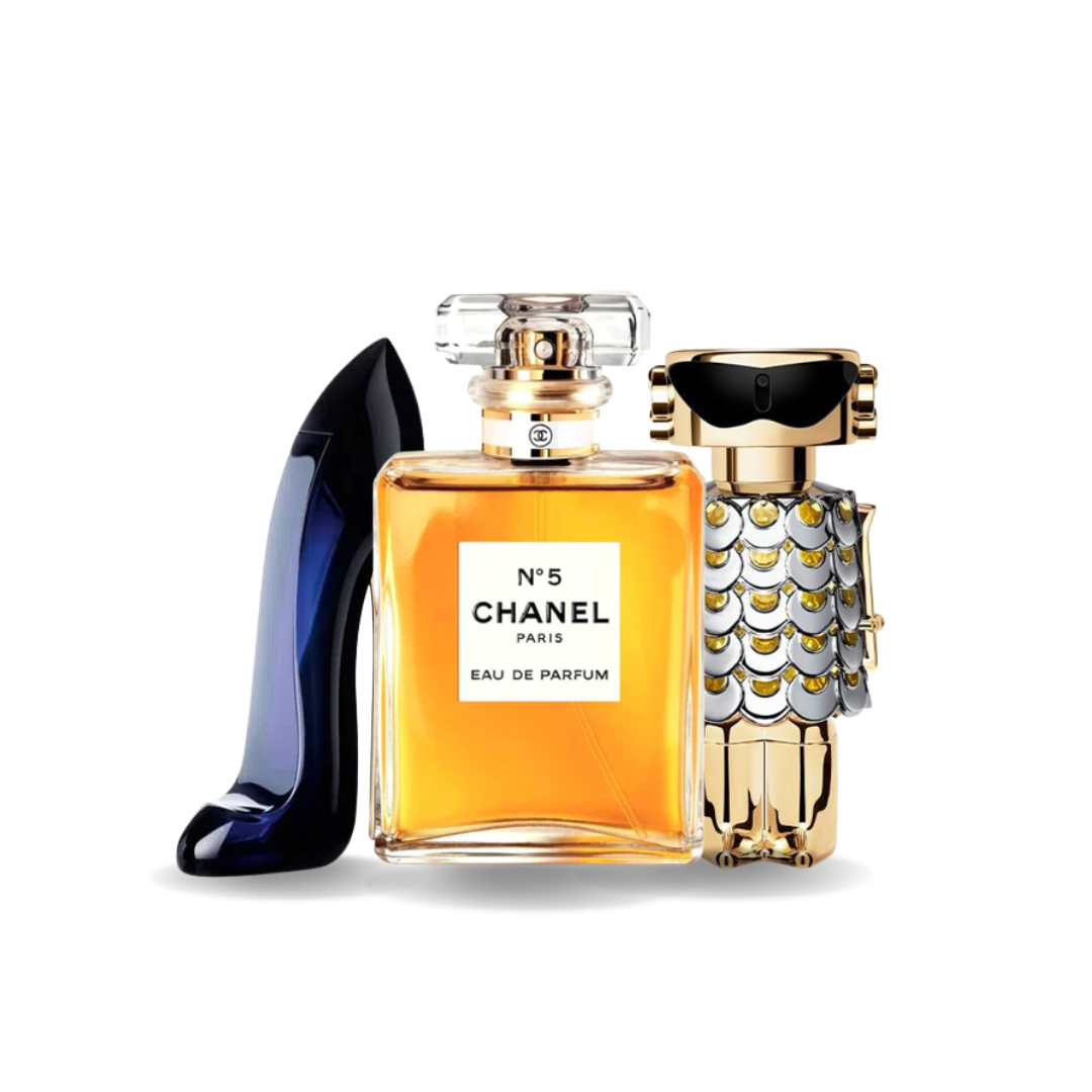 Set van 3 parfums Carolina Herrera GOOD GIRL, Chanel Nº5 en Paco Rabanne FAME