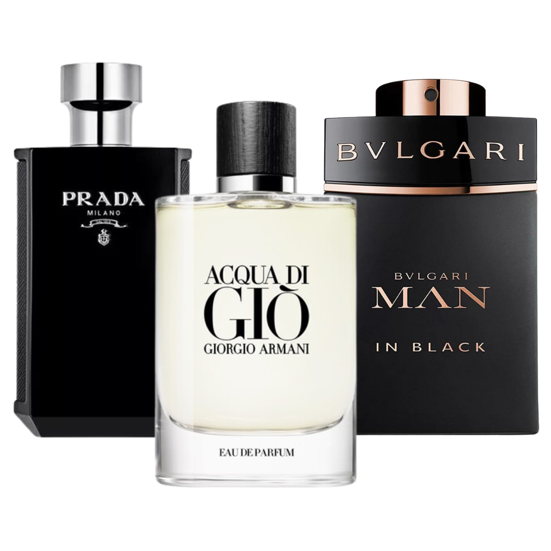 Set van 3 parfums Bvlgari In Black, Giorgio Armani Acqua Di Gio, en L'Homme Prada Intense 100ml